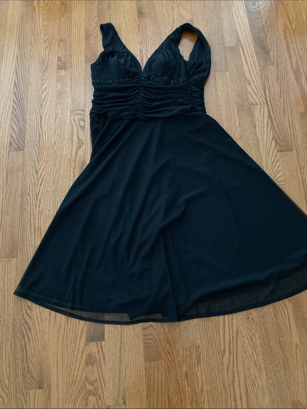 JS Boutique Black Sleeveless V-Neck Ruched A-Line Prom Dress